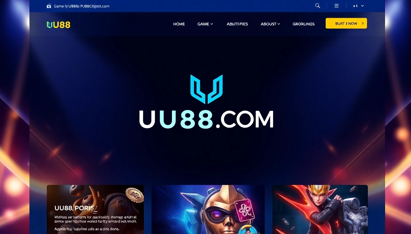 Engaging visual for UU88 COM showcasing a sleek online gambling platform with gaming icons and vibrant colors to attract users.