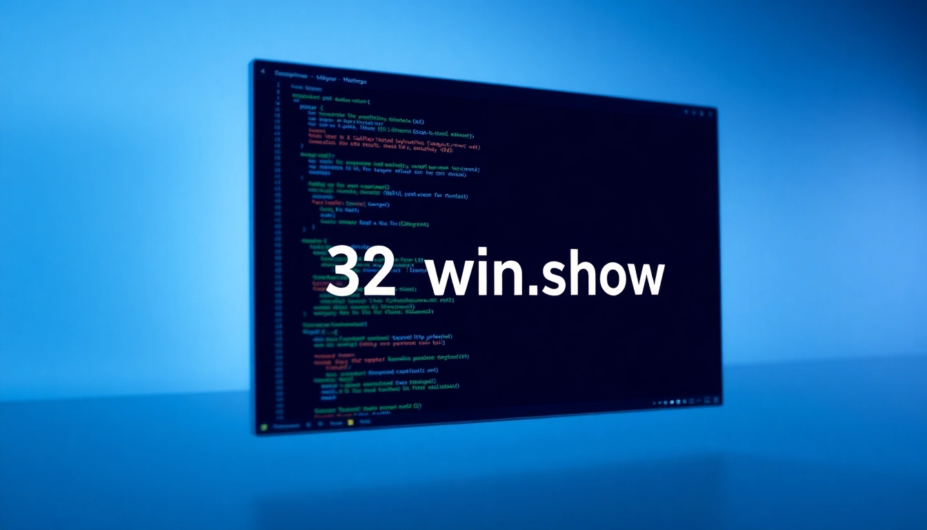 Visual of a developer's workspace highlighting https://32win.show/ on a bright screen with coding elements, emphasizing Windows API and application development.