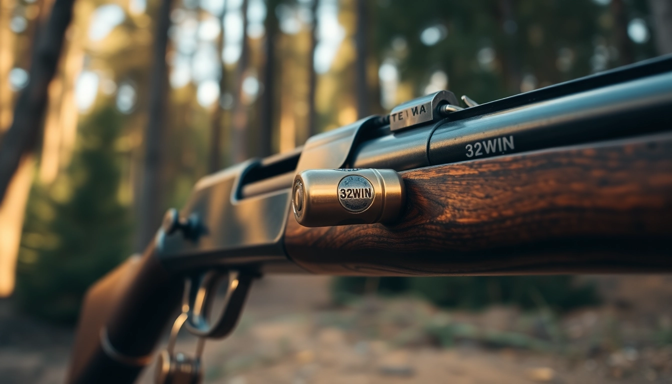 Action shot of a 32WIN rifle being aimed in outdoor woodland, showcasing the cartridge's significance in hunting and shooting sports.