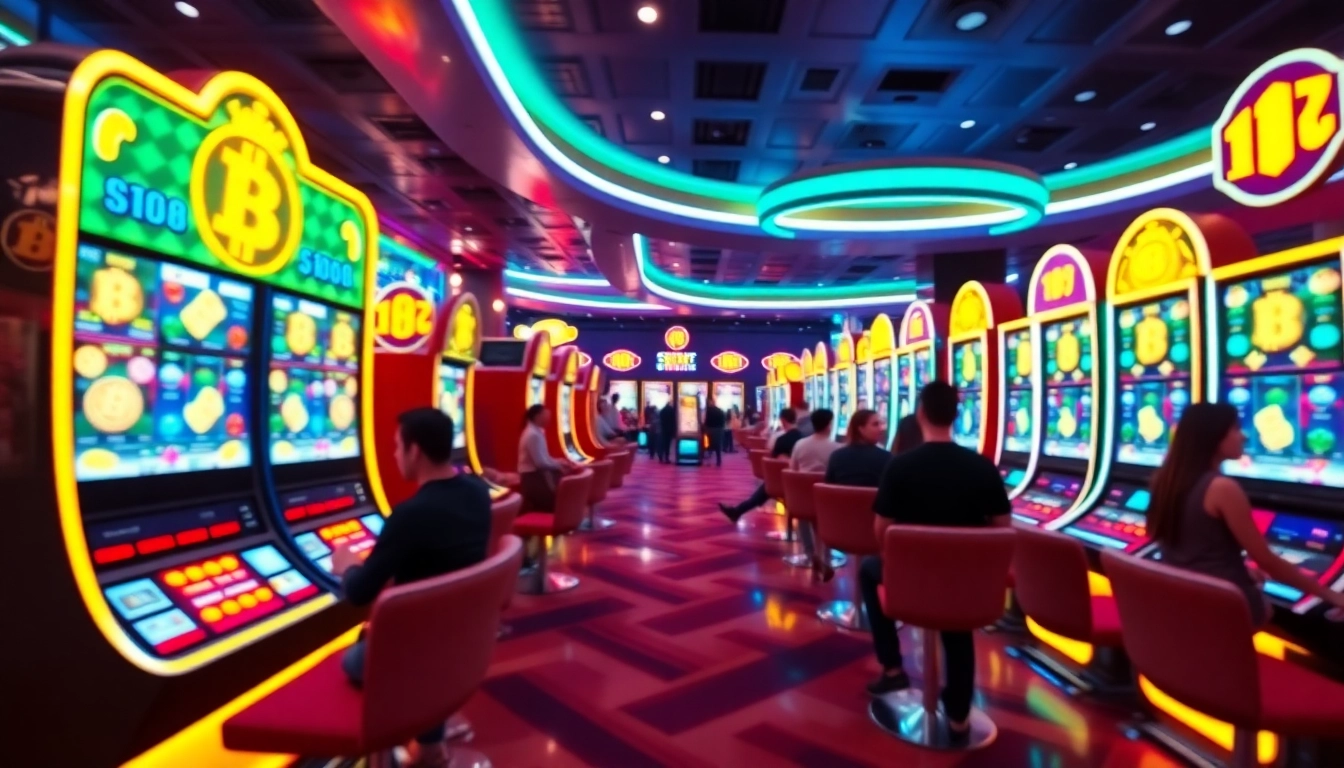 Engaging scene of players enjoying the ck999 game at a vibrant crypto casino with colorful slot machines and modern design.