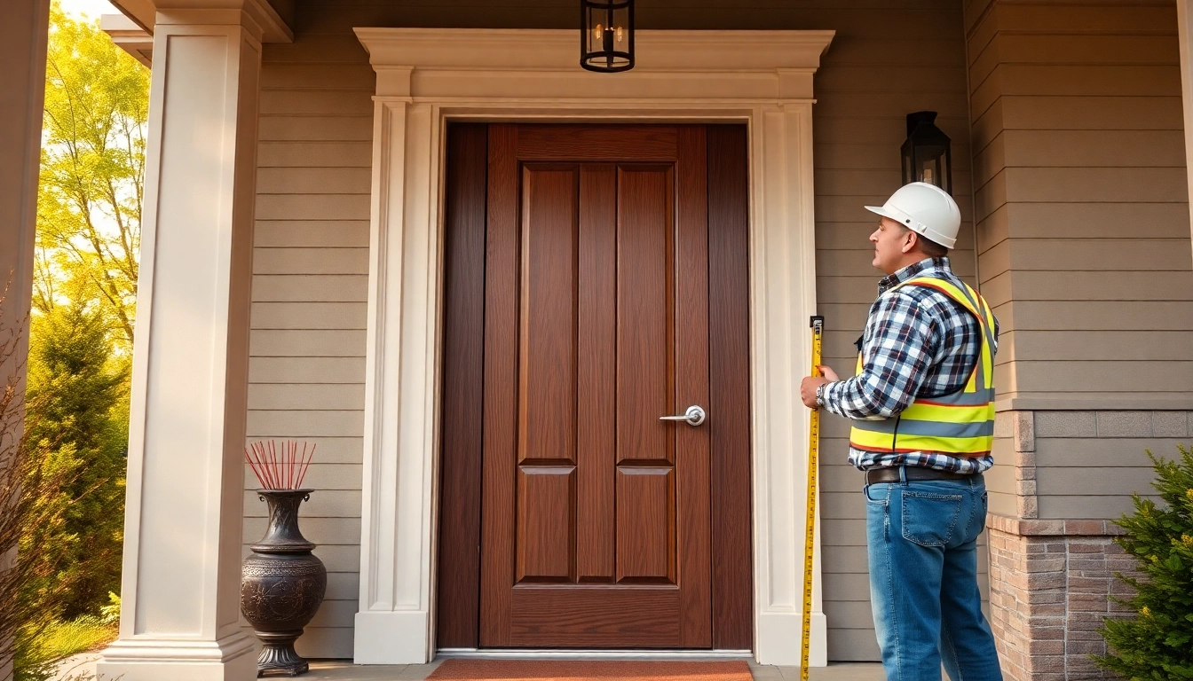 Front door replacement: premium exterior door install with wood grain and glass panel details.
