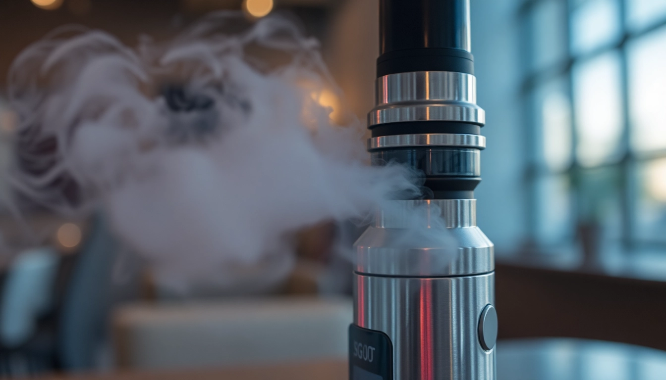 Elektronik sigara device producing vapor, highlighting modern design and vapor clouds for user appeal and safety emphasis.