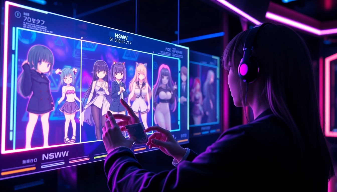 Futuristic AI interface with holographic characters and user interaction in a dark, neon-lit environment.