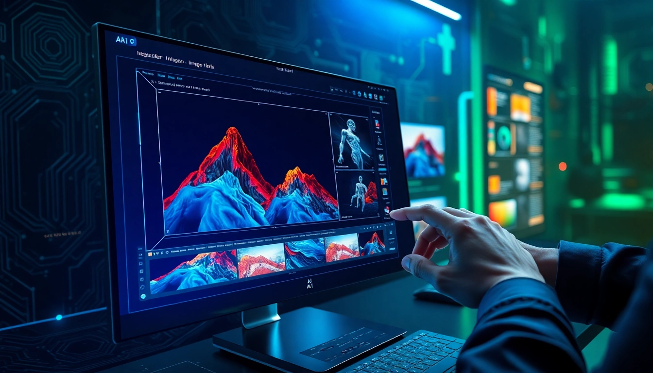 A futuristic AI image editing interface on a computer screen with vibrant visuals and holographic controls.