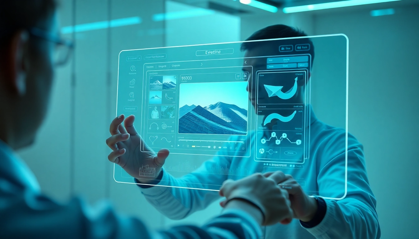 Futuristic AI interface with holographic image editing tools and a professional user