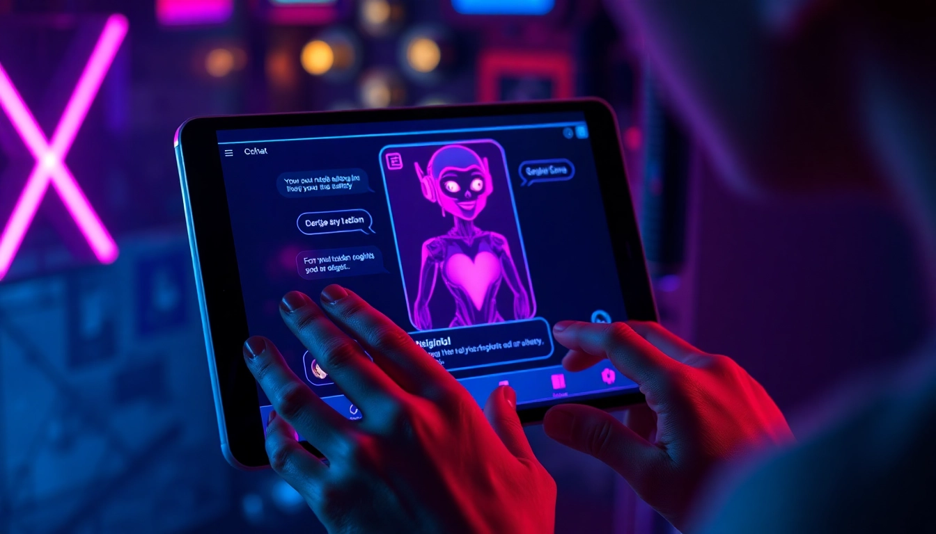 A futuristic AI chat interface on a screen with a user engaging in an adult conversation, vibrant neon colors and cyberpunk style.