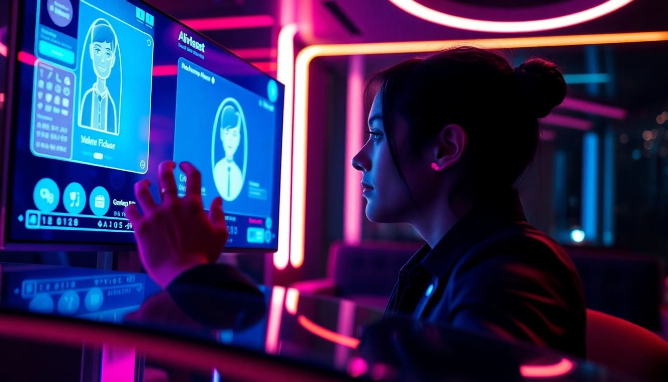 Futuristic AI chatbot interface with vibrant neon colors in a modern tech environment.