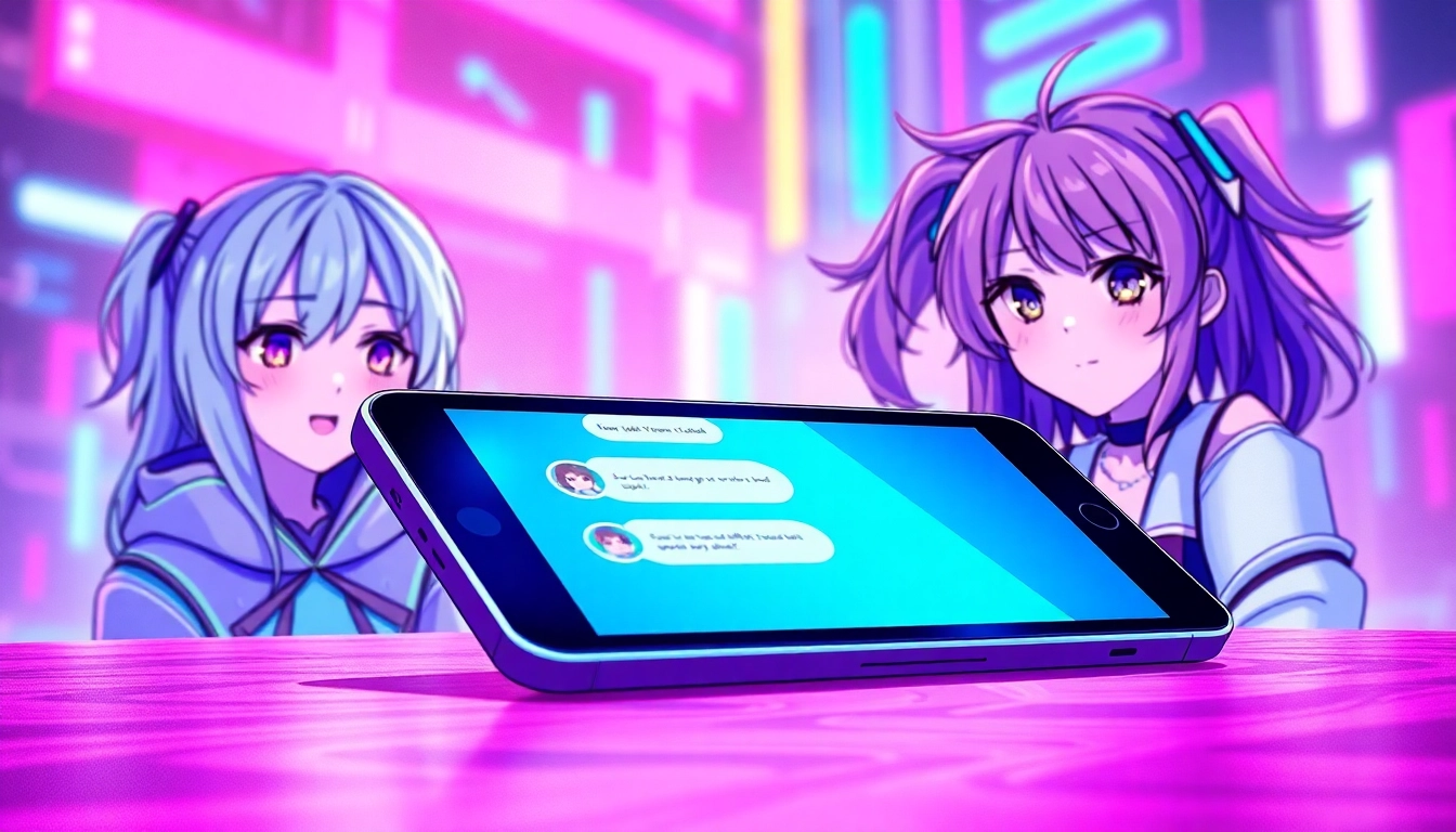 An anime-inspired digital illustration of a chat interface with expressive characters and neon colors, highlighting a futuristic, engaging conversation scene.