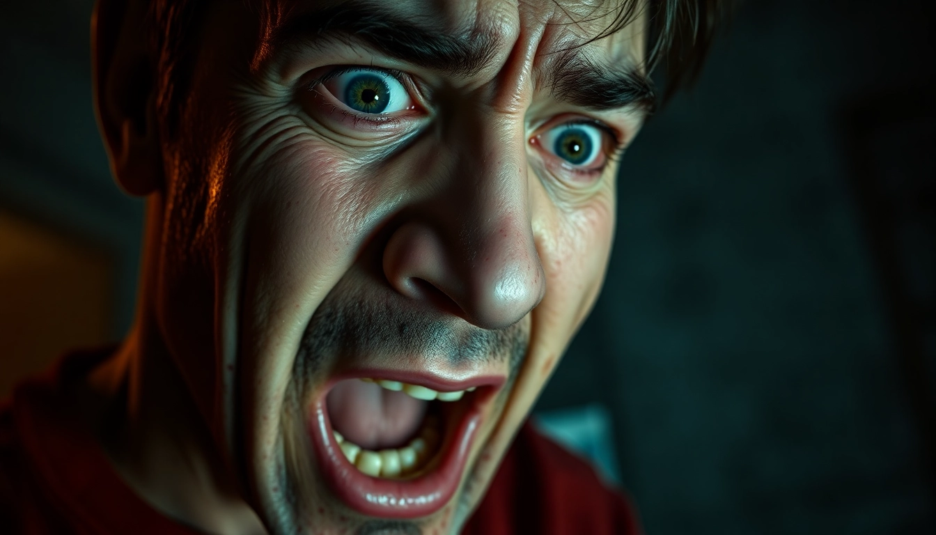 A distressed man showing pain and fear, with shadows and textures emphasizing suffering in a dark room.