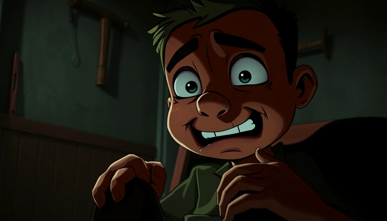 Close-up of Harvey showing pain and fear in a dark, unsettling room with violent tools lurking in the background.