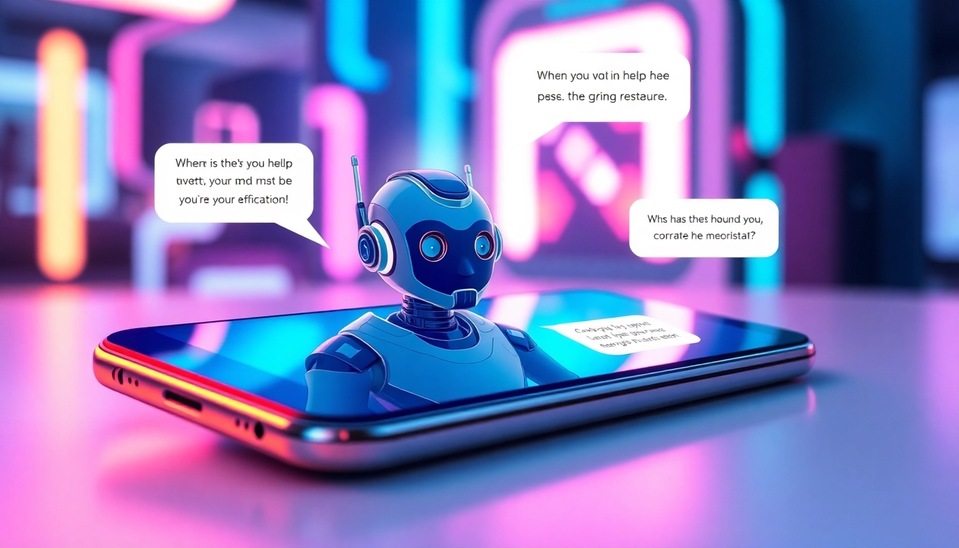 An illustration of a user chatting with a customizable AI character on a smartphone, set in a vibrant, tech-inspired environment with neon accents.