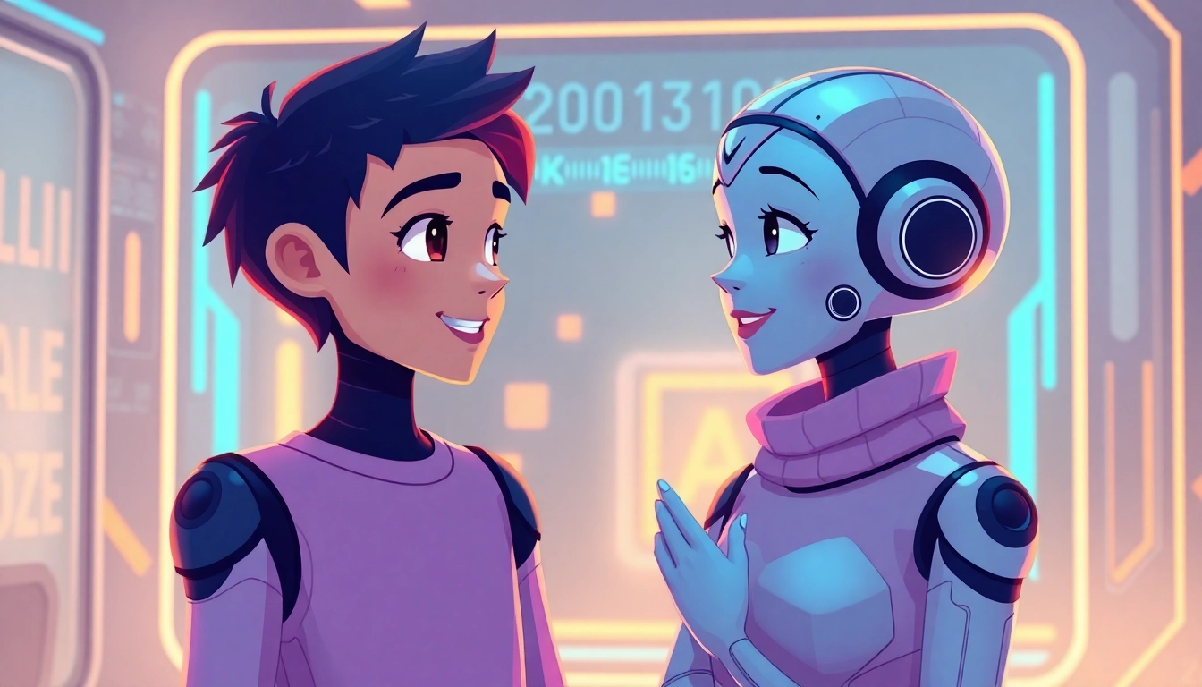Two AI characters having a friendly conversation in a futuristic digital chat environment with glowing holographic elements.