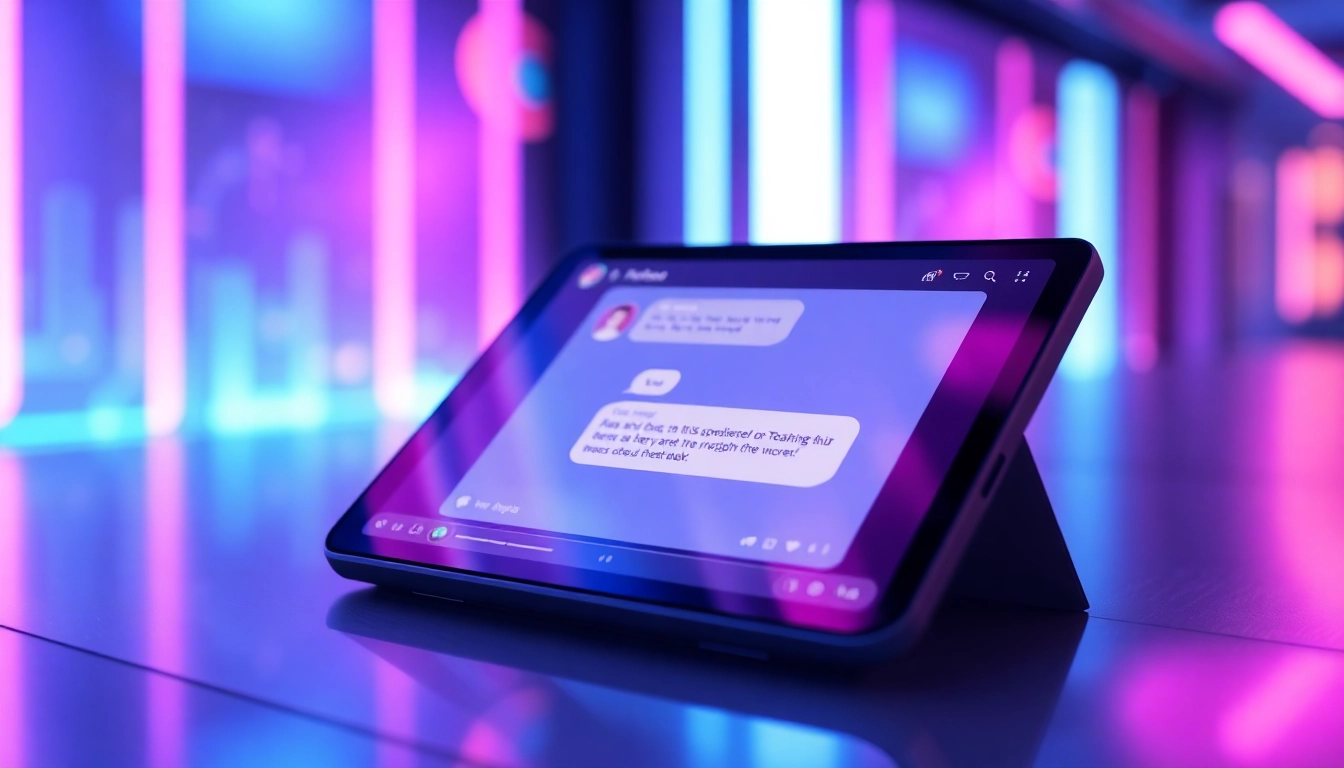 Futuristic AI chatbot interface with neon lights and a friendly avatar on a sleek screen.