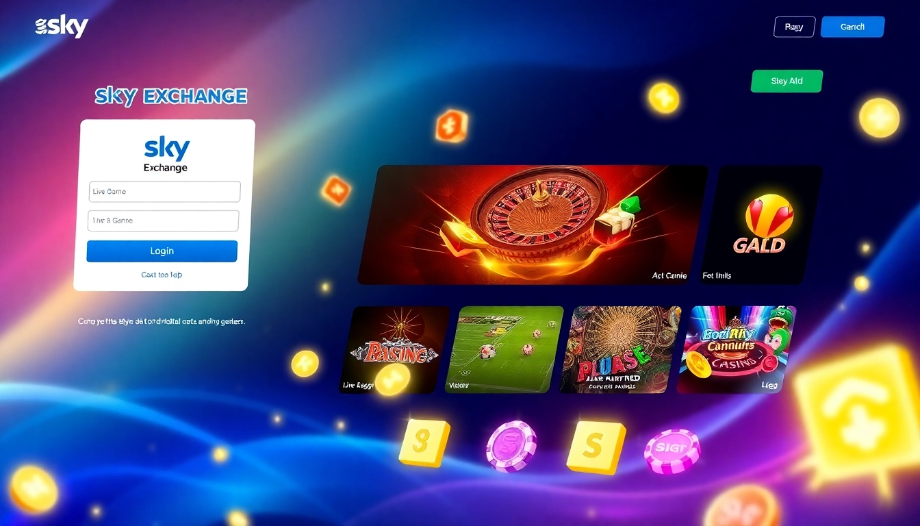 Sky Exchange ID login screen with live casino and sports betting visuals, easy access interface for users