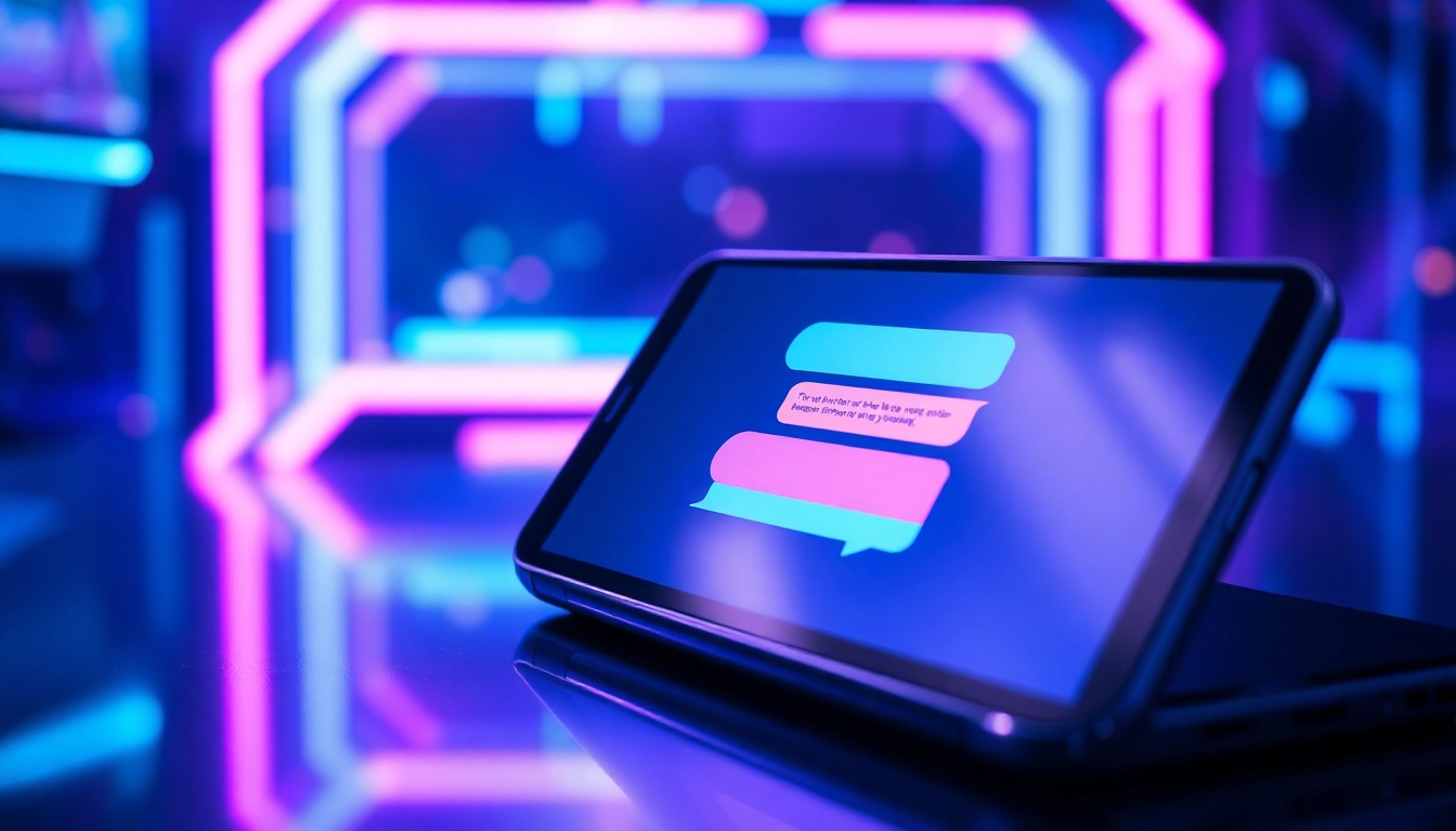 Close-up of a smartphone displaying an engaging AI chat interface with colorful speech bubbles in a neon-lit tech environment.