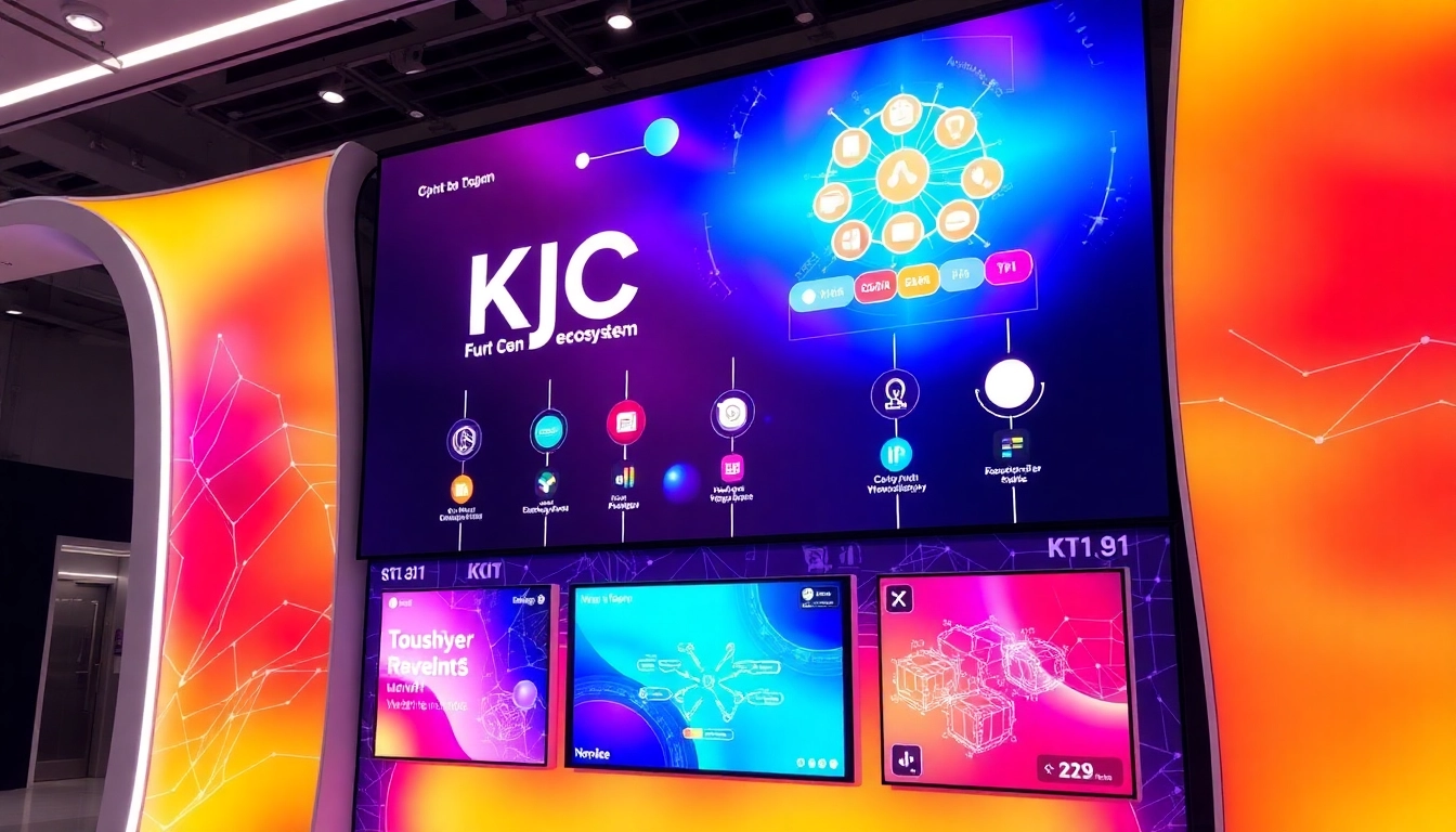 KJC logo displayed on a high-tech digital platform symbolizing innovation and connectivity in digital entertainment and technology.