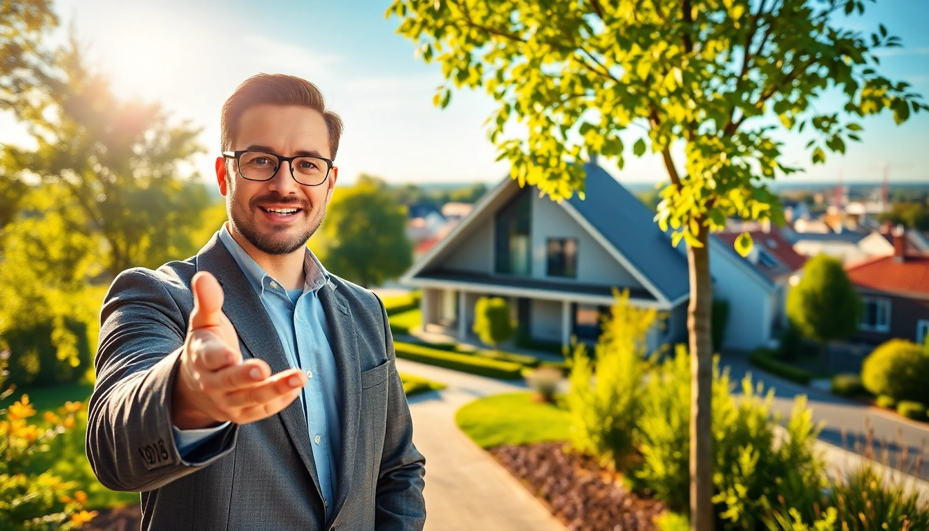 Immobilien Grevenbroich: A real estate agent showcasing a beautiful house with lush gardens in Grevenbroich for sale or rent.