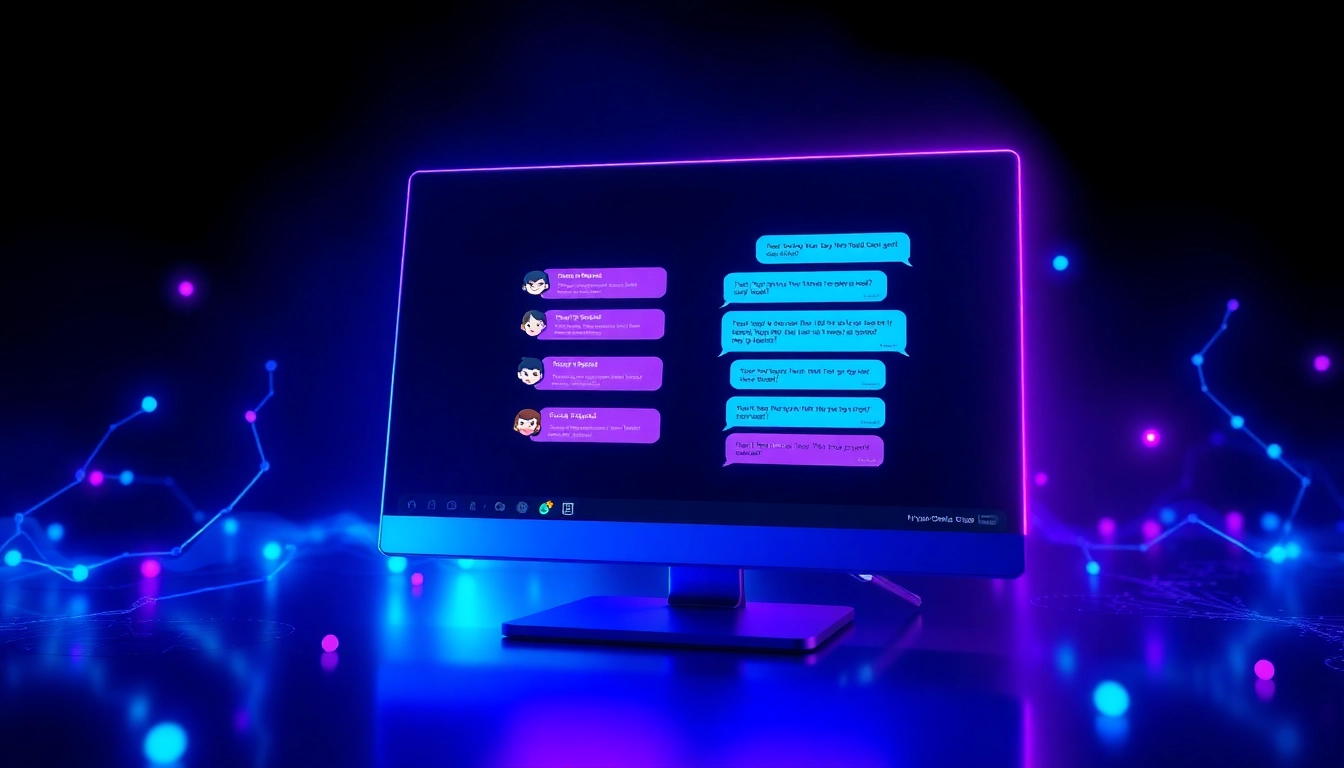 Futuristic AI chatbot interface with neon colors and holographic elements