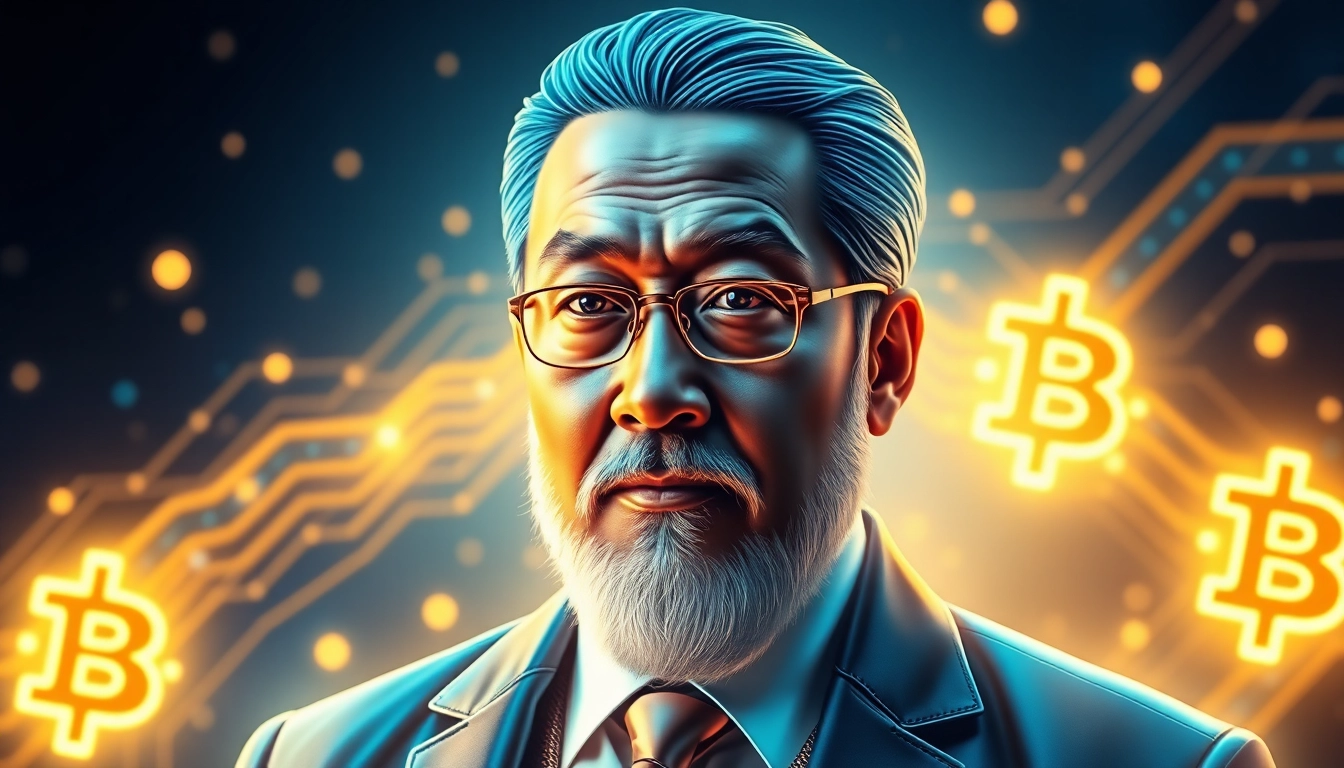 Satoshi Nakamoto standing before a digital blockchain backdrop, symbolizing the creator’s influence in cryptocurrency innovation.