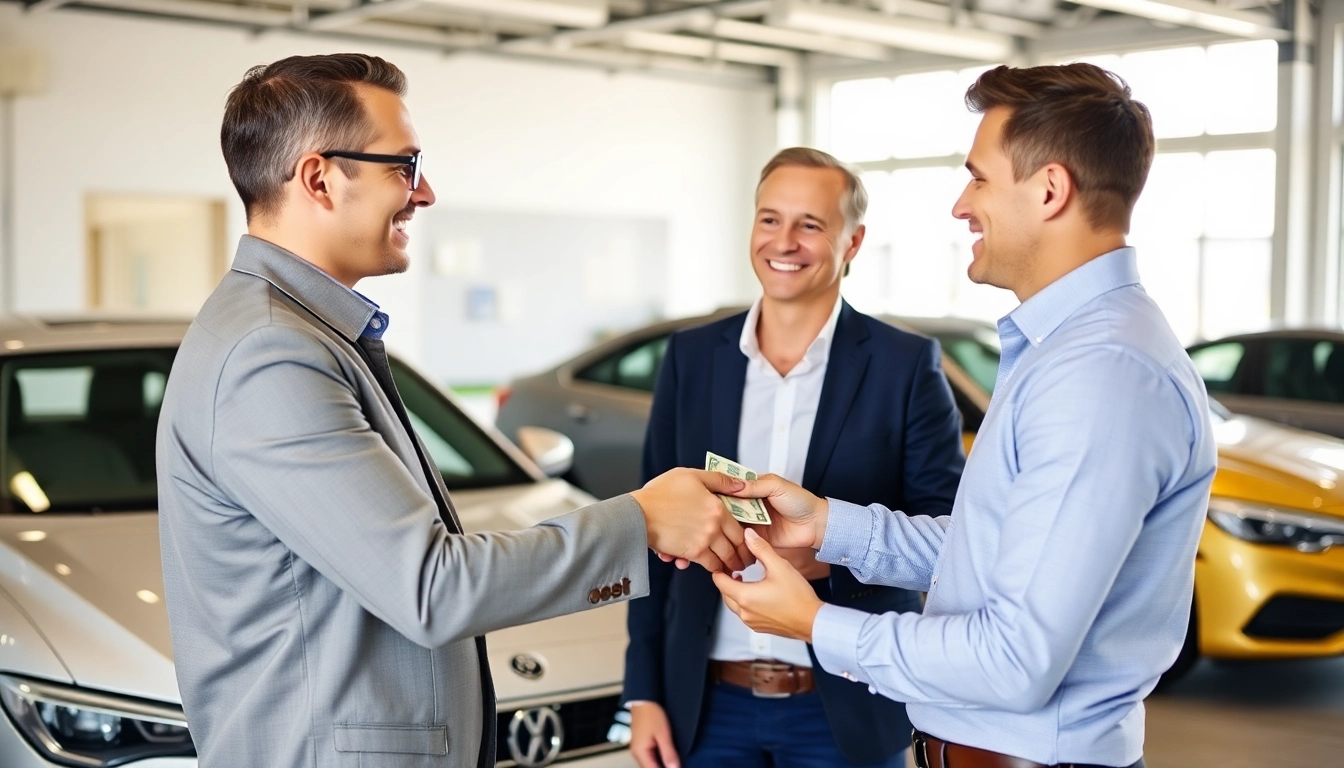 Professional auto dealer offering compro auto in contanti to happy customer in a modern setting