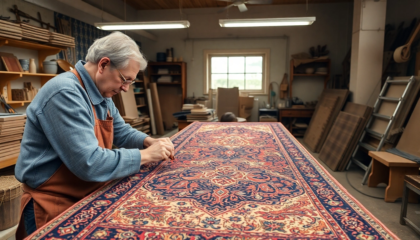 Professional team performing Restauro Tappeti milano on an ancient oriental rug in a bright