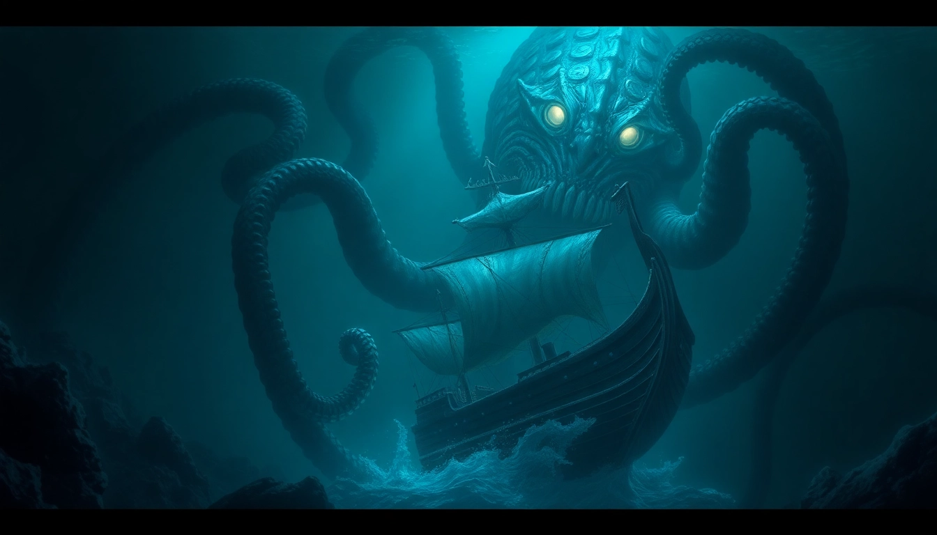 Personalized kraken scene showing a giant tentacled creature attacking a ship in the deep ocean