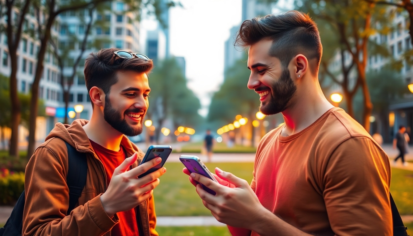 Engaging gay chat session with diverse men connecting via mobile app in a friendly, lively