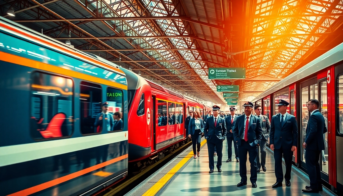 Railway Jobs recruitment process with railway station background and workers in uniform