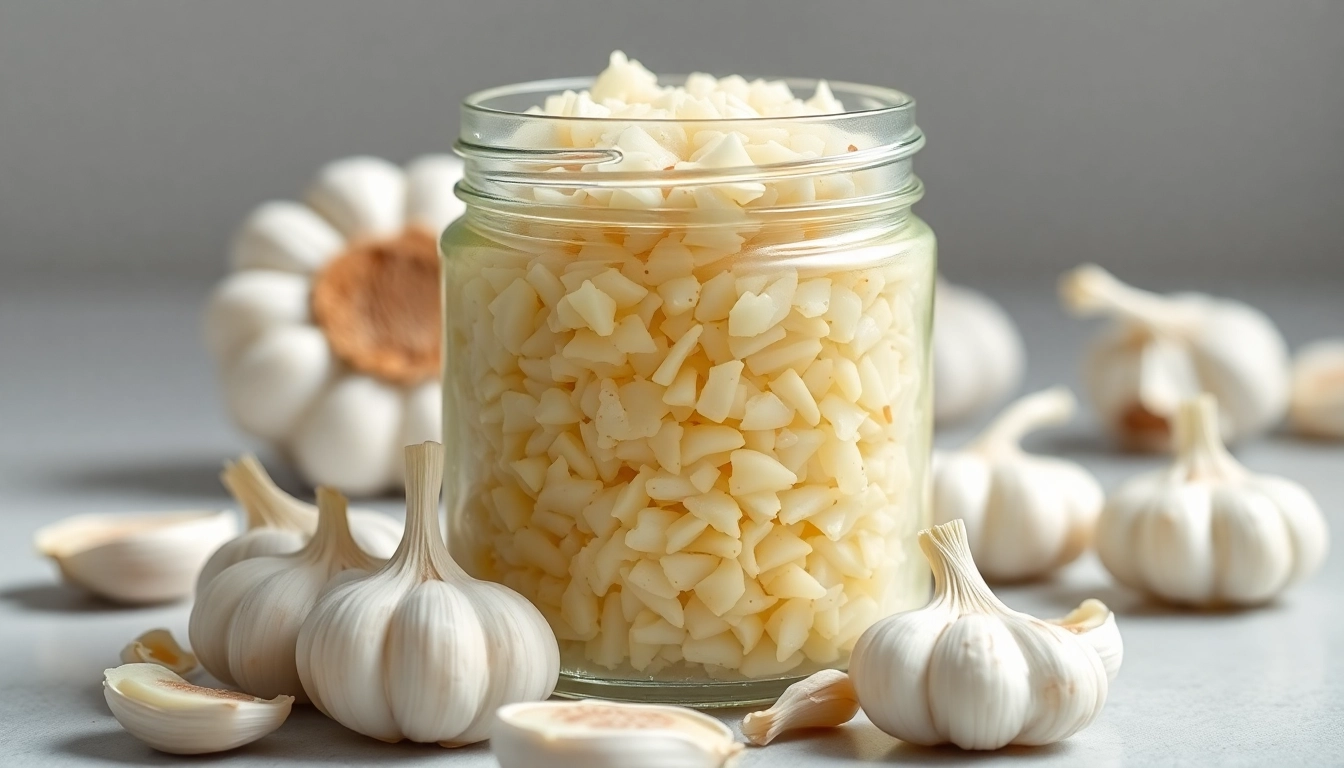 High-quality image showcasing Minced Garlic in water with fresh garlic cloves to highlight