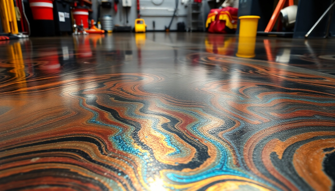 Professional applying epoxy resin floor with a sleek, shiny finish in a commercial space for