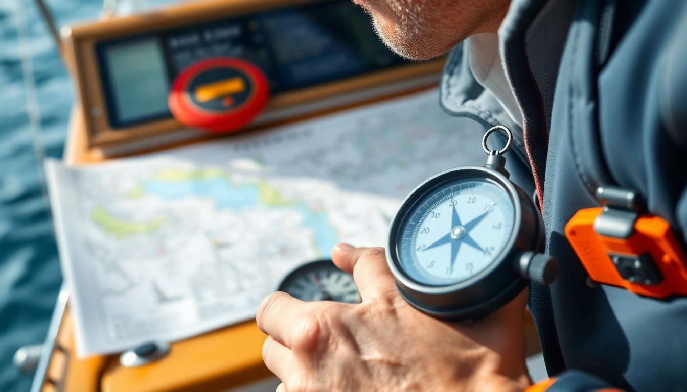 Expert performing Boots Versegelung navigation with compass and chart on boat deck
