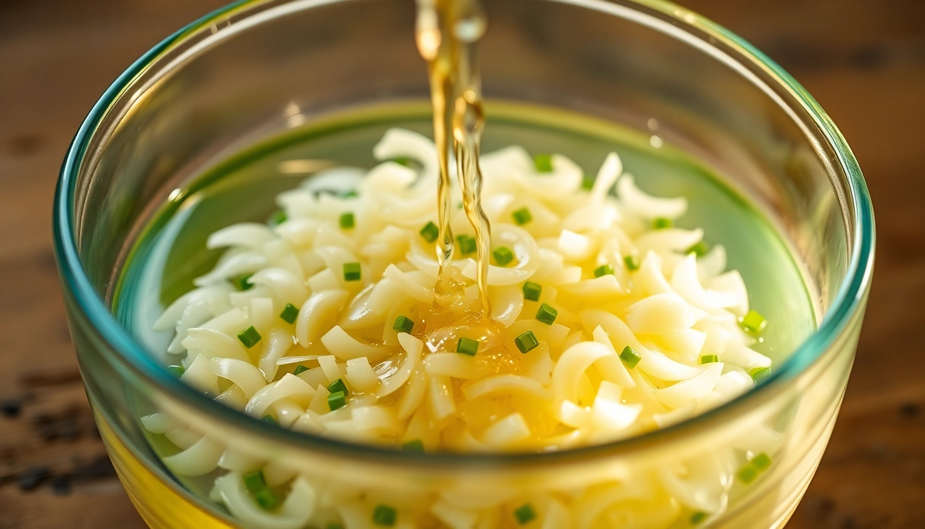 Fresh minced garlic in water being poured into a bowl for cooking or culinary use, highlighting