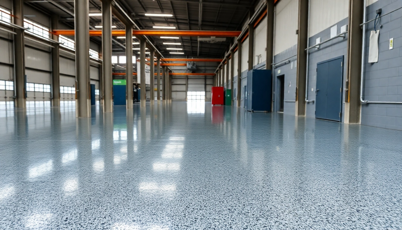 Professional epoxy resin floor being applied in a commercial space for a durable, smooth finish